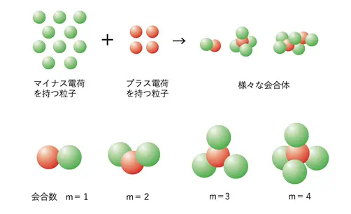 図１　正および負電荷を持つコロイド粒子の会合体の模式図 (mは会合数）